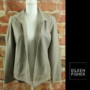 EILEEN FISHER Jacket Womens M Khaki Tan Cotton Jersey Open Front Pocket Cardigan